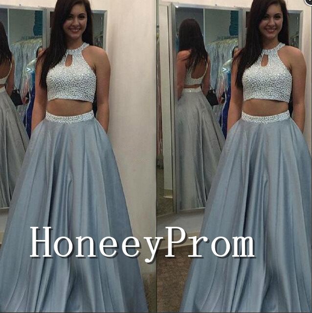 Two Piece Beading Long Prom Dresses, Dresses for Prom