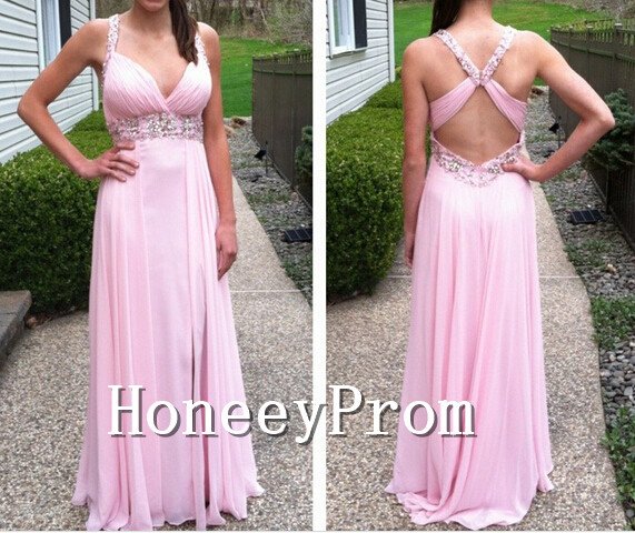 A-Line Pink Cross Back Prom Dresses, Dresses for Prom