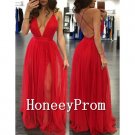 Deep V-Neck Backless Long Prom Dresses, Dresses for Prom