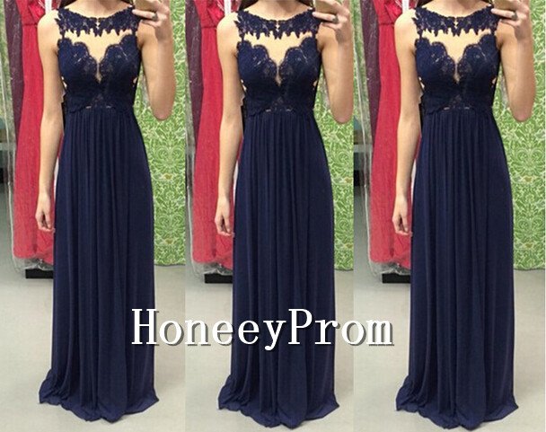Navy Blue Long Applique Prom Dresses, Dresses for Prom