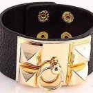 Gold Pyramid Studded wide Black Leather Cuff Bangle Bracelet Wristband