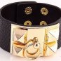 Gold Pyramid Studded wide Black Leather Cuff Bangle Bracelet Wristband