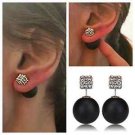 Double pearl, Pearl Back, Front Back CZ pave Tribal stud ear jacket cuff earring