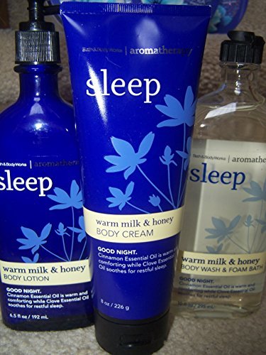 3 Piece Bath & Body Works Aromatherapy Sleep Warm Milk & Honey Fragrance Gift Set- Body Cream, Body