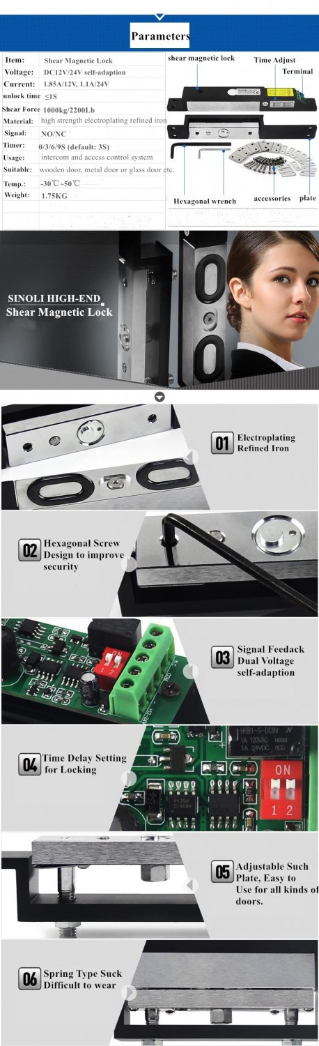 Sinoli 2200lbs 12-24V Shear Magnetic Lock Security Gate Systems Access Control