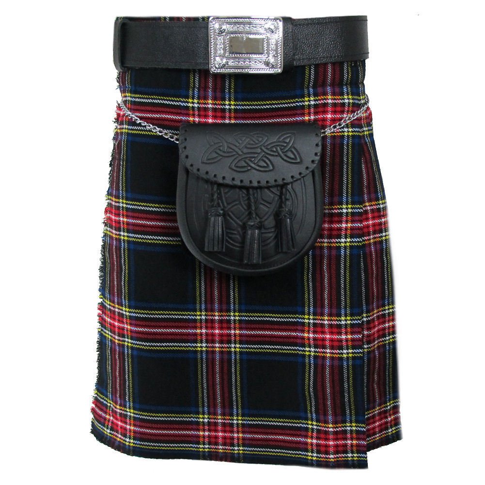 Active Men Black Stewart Tartan Modern Utility Pocket Kilt - 8 yards