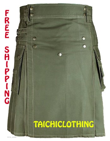 Free Shipping Custom size Olive Green Front Button Kilt 100% Olive Green Cotton Kilt
