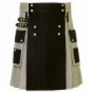 Custom Size Black & Gray Hybrid Cotton Kilt with Cargo Pockets Chrome Chains Utility Kilt