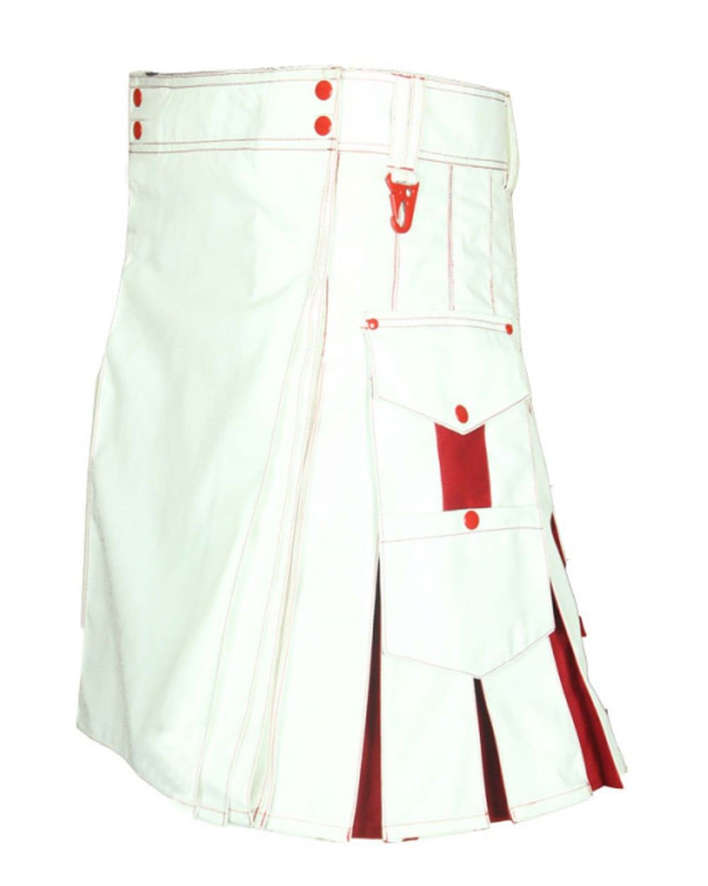 Size 38 White & Red Hybrid Cotton Kilt with Cargo Pockets Chrome Utility Kilt