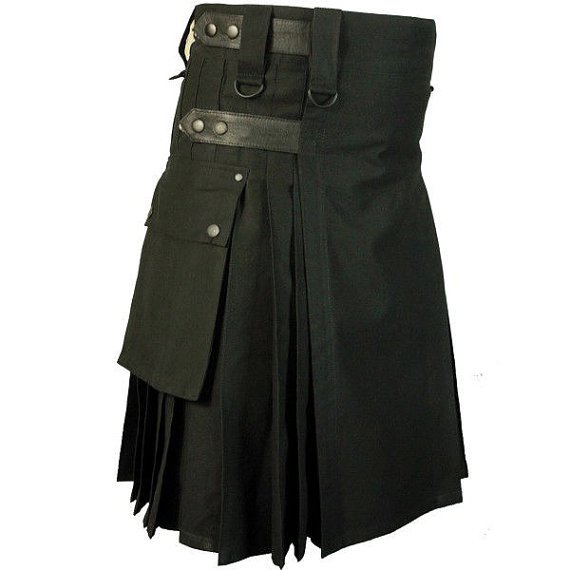 Handmade Black Leather Straps Cotton Kilt Deluxe Cargo Pocket Utility Kilt