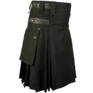 Black Leather Straps Cotton Kilt Deluxe Cargo Pocket Kilt