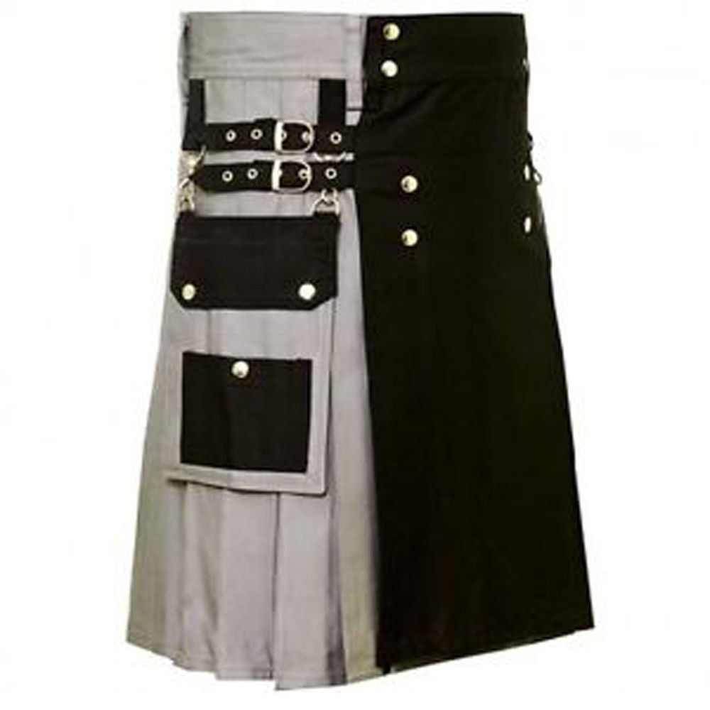 Size 38 Black & Gray Hybrid Cotton Kilt with Cargo Pockets Utility Kilt