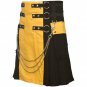 Size 36 Black & Yellow Hybrid Cotton Kilt with Cargo Pockets Chrome Chains Utility Kilt