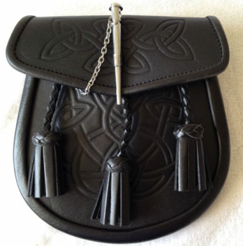 Men Scottish Black Celtic Kilt Sporran With Metal Thistle Pin