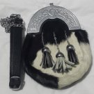 Scottish White Black RABBIT FUR Skin 3 Tassel Leather Kilt SPORRAN POUCH