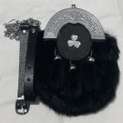 Scottish Black RABBIT FUR 3 Tassel Leather Kilt SPORRAN POUCH