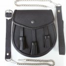 Men Black Half Dress Pebble Grain Leather Bag 3 Tassels Sporran for Kilts