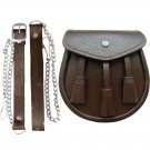 Men Scottish Brown Celtic Kilt Sporran With Metal Thistle Button