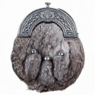 Scottish Gray RABBIT FUR 3 Tassel Leather Kilt SPORRAN & Belt