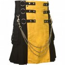 Size 44 Black & Yellow Hybrid Cotton Kilt with Cargo Pockets Chrome Chains Utility Kilt