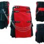 Red & Black Hybrid Utility Kilt, 42 Size Cotton Kilt with Chrome Chains & Cargo Pockets