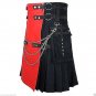 Red & Black Hybrid Utility Kilt, 42 Size Cotton Kilt with Chrome Chains & Cargo Pockets