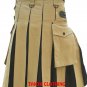 Custom Sizes Black & Khaki Hybrid Kilt Mens Real Cotton & Premium Leather Utility Style
