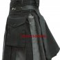 Men Black & Gray HYBRID KILT Real Cotton Leather Straps Utility Style Kilt Size 38