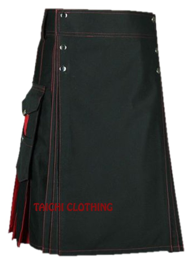 34 Sizes Scottish Highland Hybrid Black and Red Utility Kilt 100 % Cotton