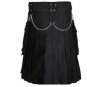 44" Men handmade Black Deluxe utility fashion kilt 100% Cotton With Chrome Chain