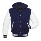 HOODIE Navy blue VARSITY LETTERMAN WOOL&REAL LEATHER JACKET