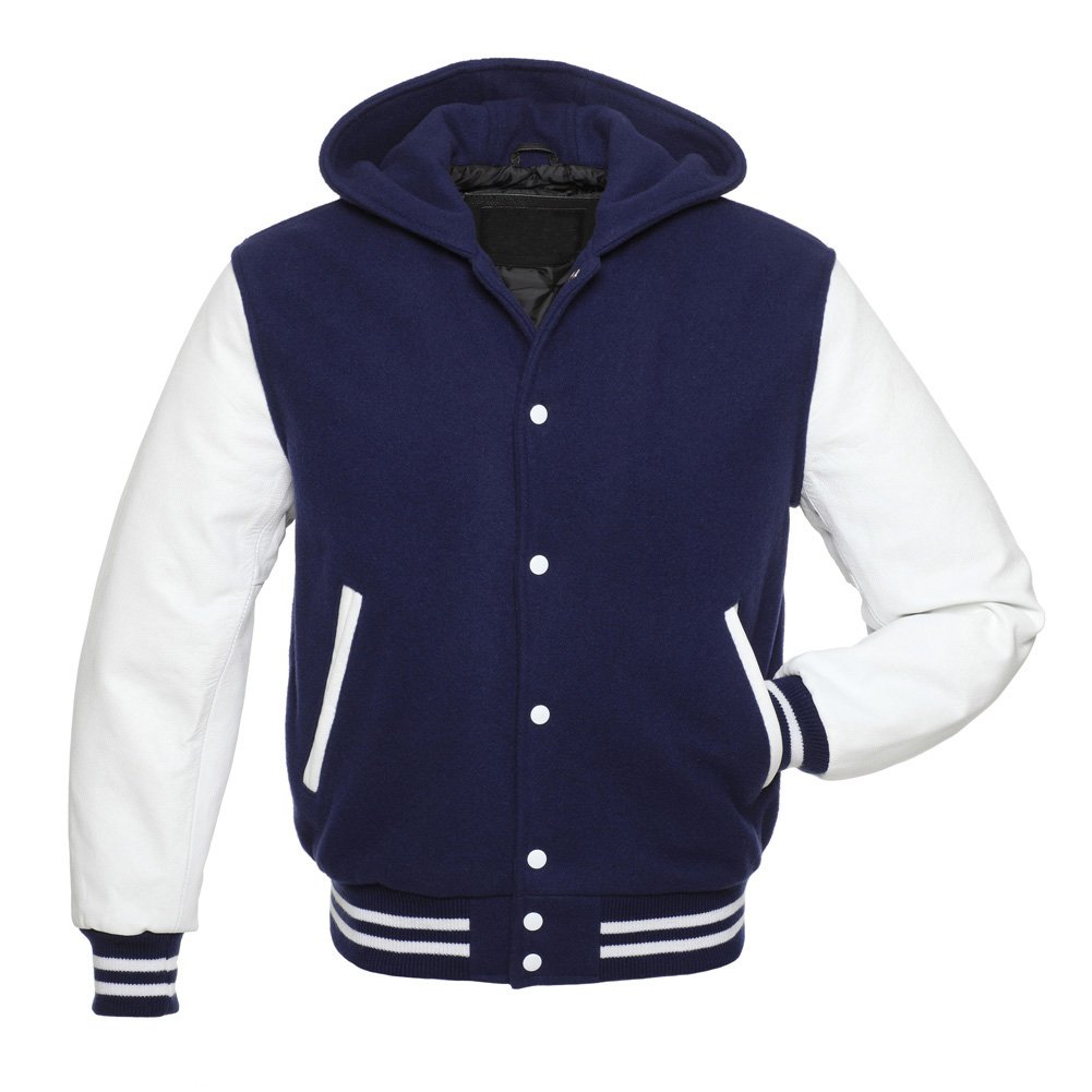 NAVY Varsity Wool Letterman Jacket Navy with White Real Leather Sleeves Hoodie