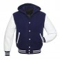 NAVY Varsity Wool Letterman Jacket Navy with White Real Leather Sleeves Hoodie