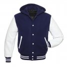 HOODIE-VARSITY- LETTERMAN WOOL REAL-LEATHER-JACKET NAVY BLUE