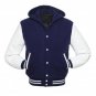 NAVY Varsity Wool Letterman Jacket Navy with White Real Leather Sleeves Hoodie