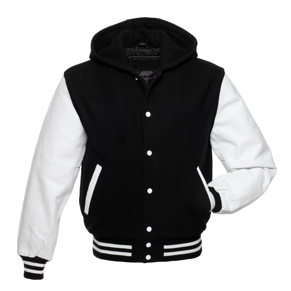 Black Wool With White Real Leather Armsletterman Varsity Hoodie Jackets 3061