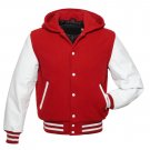 Red Wool With White Real Leather Arms,Letterman Varsity Hoodie Jackets 2XS~4XL