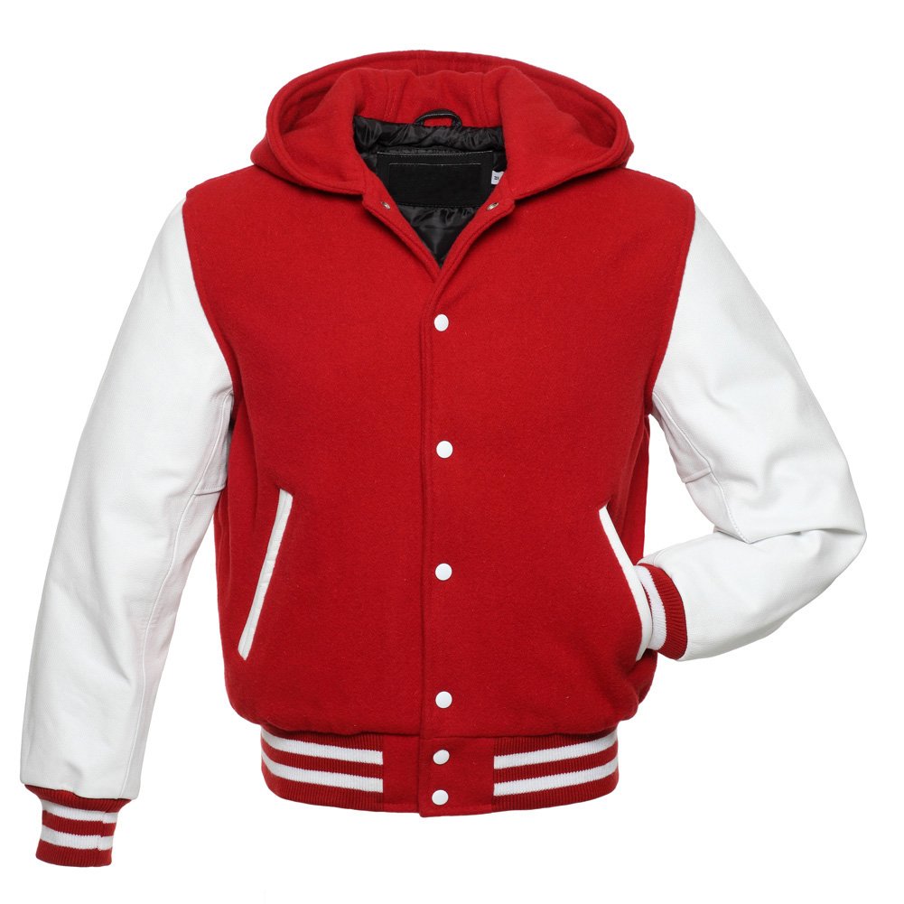 Red Wool , White Real Leather Arms,Letterman Varsity Hoodie Jacket