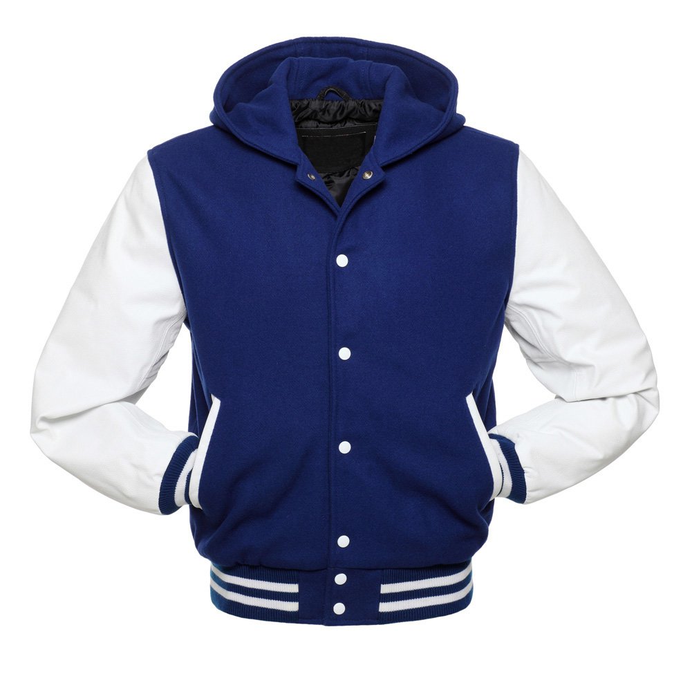 Royal Blue Wool , White Real Leather Arms,Letterman Varsity Hoodie Jacket