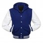 Royal Blue Wool , White Real Leather Arms,Letterman Varsity Hoodie Jacket