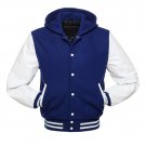 Royal Blue Wool With White Real Leather Arms,Letterman Varsity Hoodie Jackets 2XS~4XL