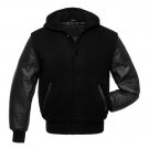 Solid Black Wool Real Leather Arms,Letterman Varsity Hoodie Jackets 2XS~4XL