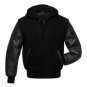Solid Black Wool Real Leather Arms,Letterman Varsity Hoodie Jackets 2XS~4XL