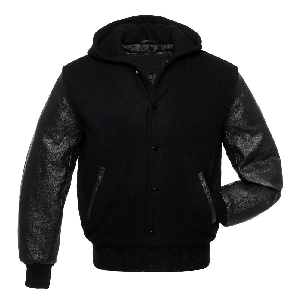 Solid Black Wool Real Leather Arms,Letterman Varsity Hoodie Jacket