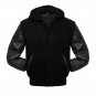 Solid Black Wool Real Leather Arms,Letterman Varsity Hoodie Jackets 2XS~4XL