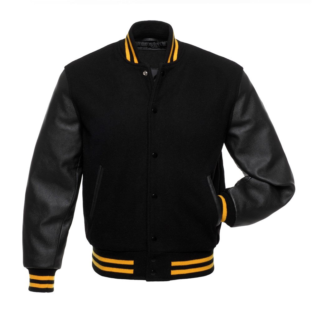 Solid Black Wool Real Leather Arms,Gold Letterman Varsity Hoodie Jackets 2XS~4XL