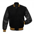 Solid Black Wool Real Leather Arms,Gold Letterman Varsity Hoodie Jackets 2XS~4XL