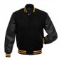 Solid Black Wool Real Leather Arms,Gold Letterman Varsity Hoodie Jackets 2XS~4XL