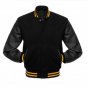 Solid Black Wool Real Leather Arms,Gold Letterman Varsity Hoodie Jackets 2XS~4XL