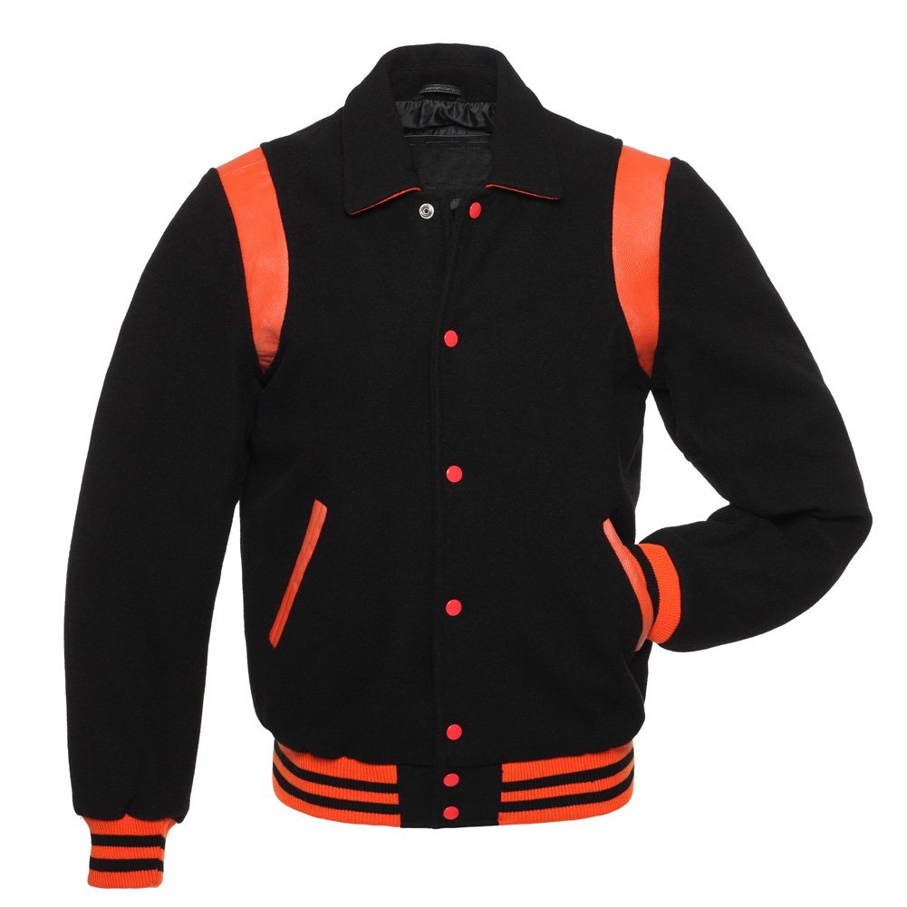 Black Orange Wool With Leather Arms College,Varsity Jacket